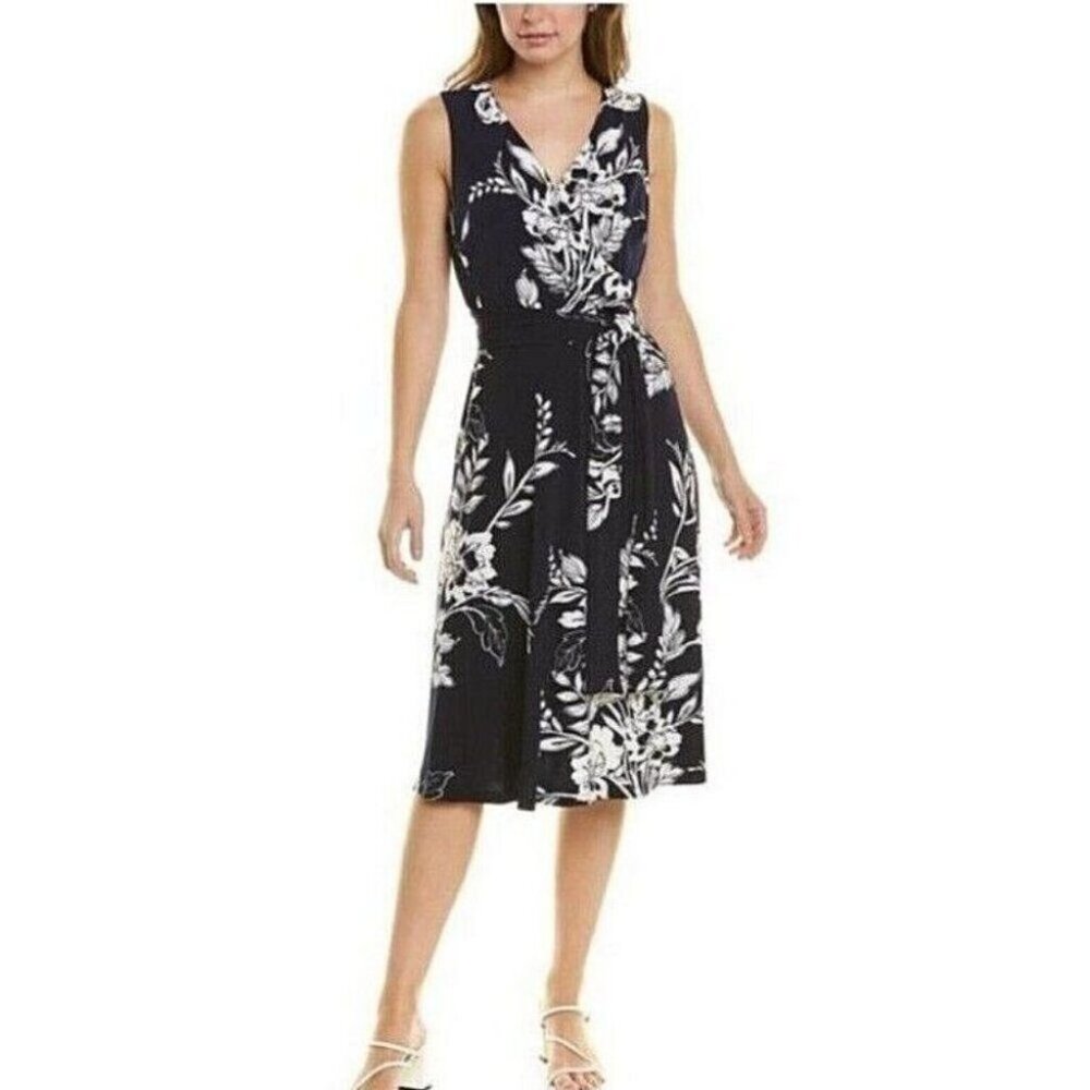 Sandra Darren Women Crossover Midi Dress # 73984 Short Floral Navy White XL NEW